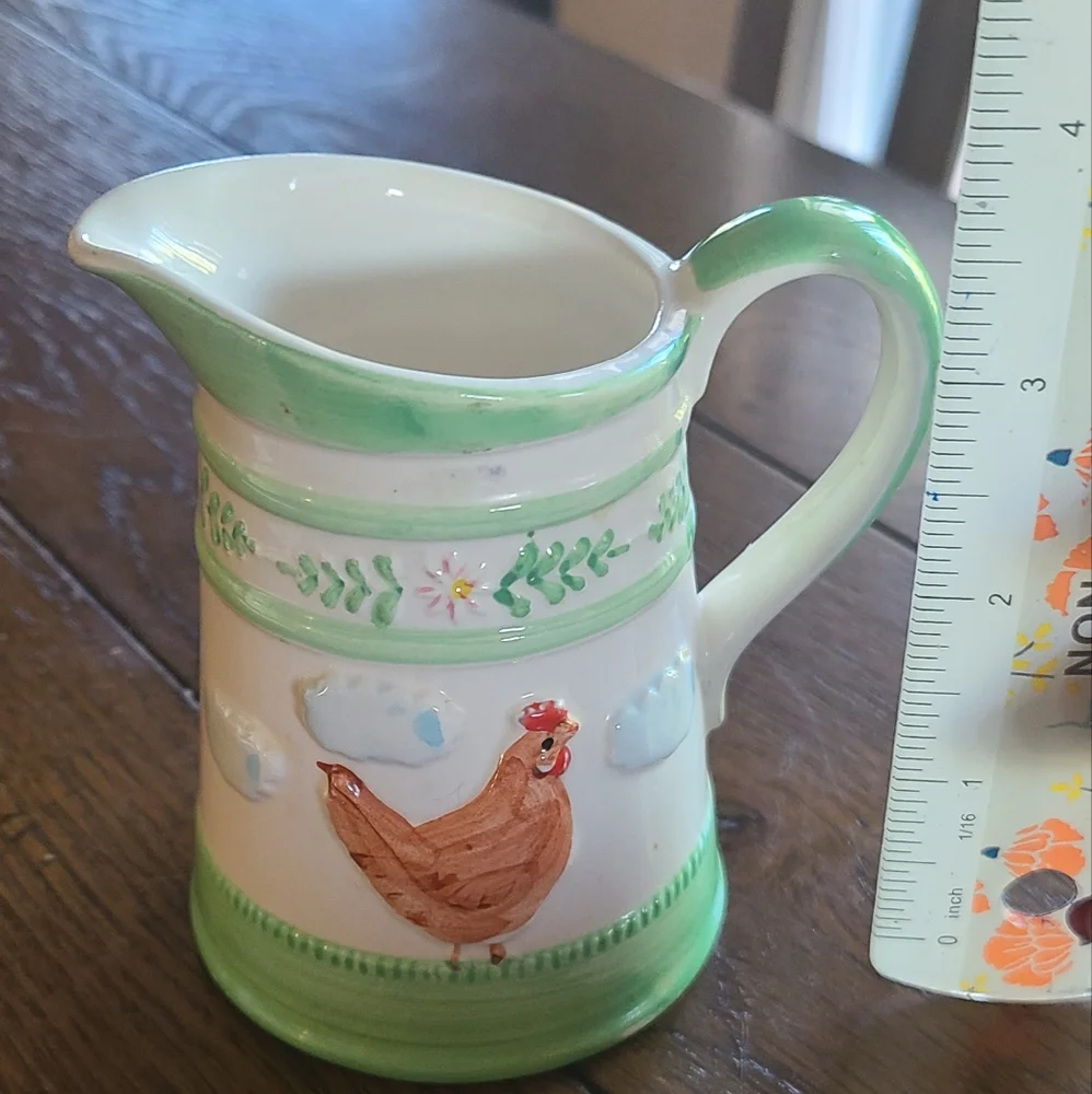 Vintage 1982 Green Ware Andrea West small pitcher/creamer with chickens🐣